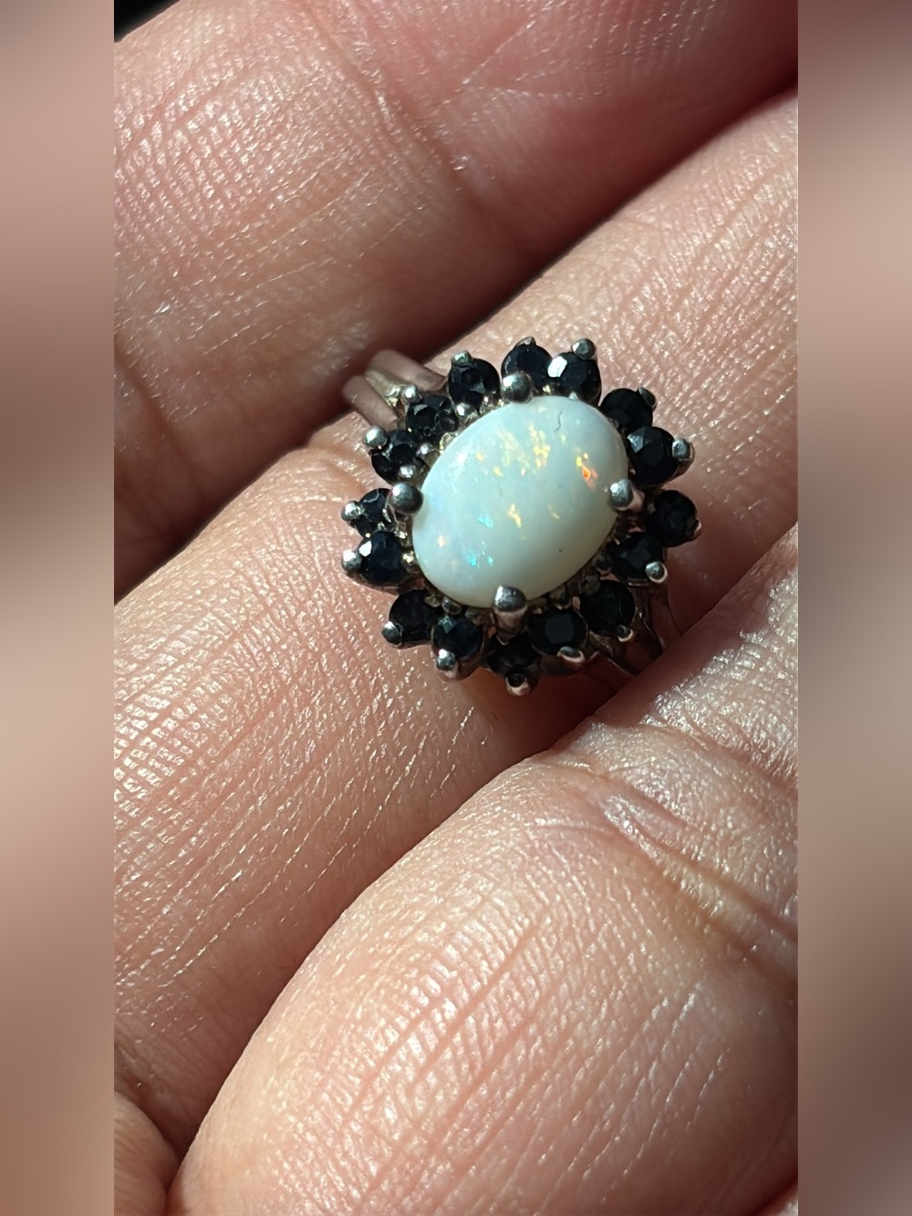Sterling Silver Opal and Blue Sapphire Ring